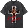 Vintage Washed Portrait Print T-Shirt Religious Faith Graphic Tee Men’s Women’s Oversized Casual Crew Neck Short Sleeve Top Daily Wear Cool Top