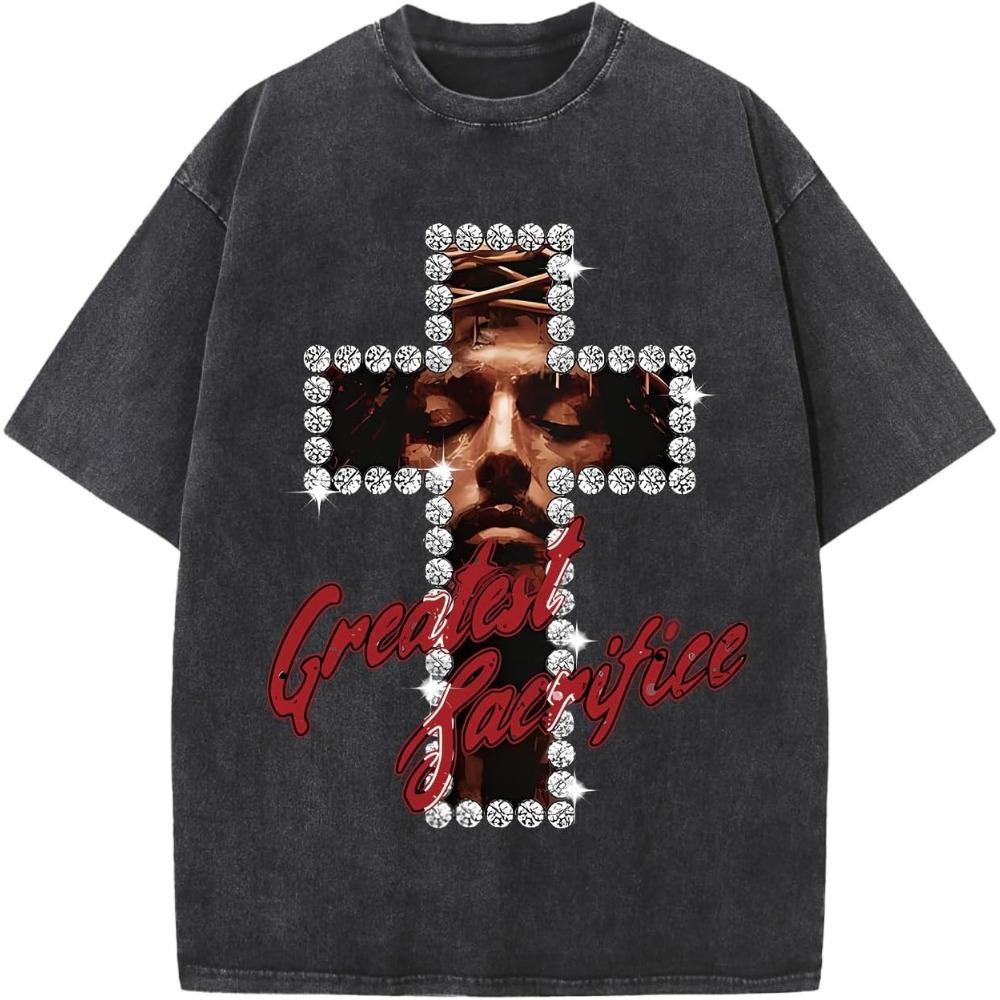 Vintage Washed Portrait Print T-Shirt Religious Faith Graphic Tee Men’s Women’s Oversized Casual Crew Neck Short Sleeve Top Daily Wear Cool Top