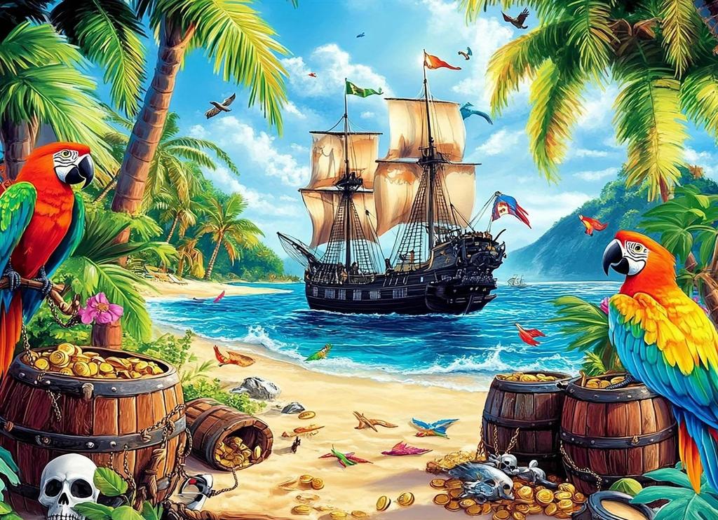Pirate Ship Parrot Gold Coin Docking Style Party Background Adult and Children's Birthday Party Decoration Photography Backdrop