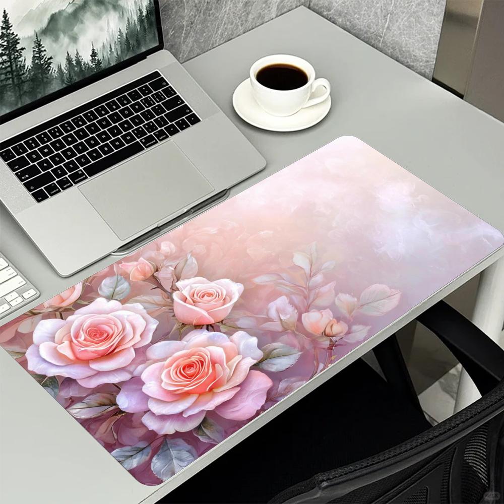 Elegant Soft Pink Rose Floral Art Large Extended Mouse Pad NonSlip Rubber Base With Stitched Edges For Gaming And Office Use