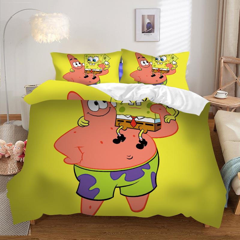 Three-Piece Home Textile Four-Piece Cartoon Spongebob Squarepants 3D Digital Printing Quilt Cover Pillowcase Bedding