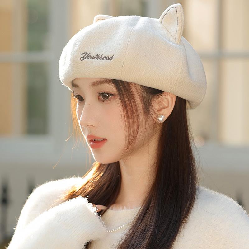 Korean Retro Cute Cat Ears Beret Spring and Autumn New Casual Versatile Painter Hat Windproof Warm Hat for Women