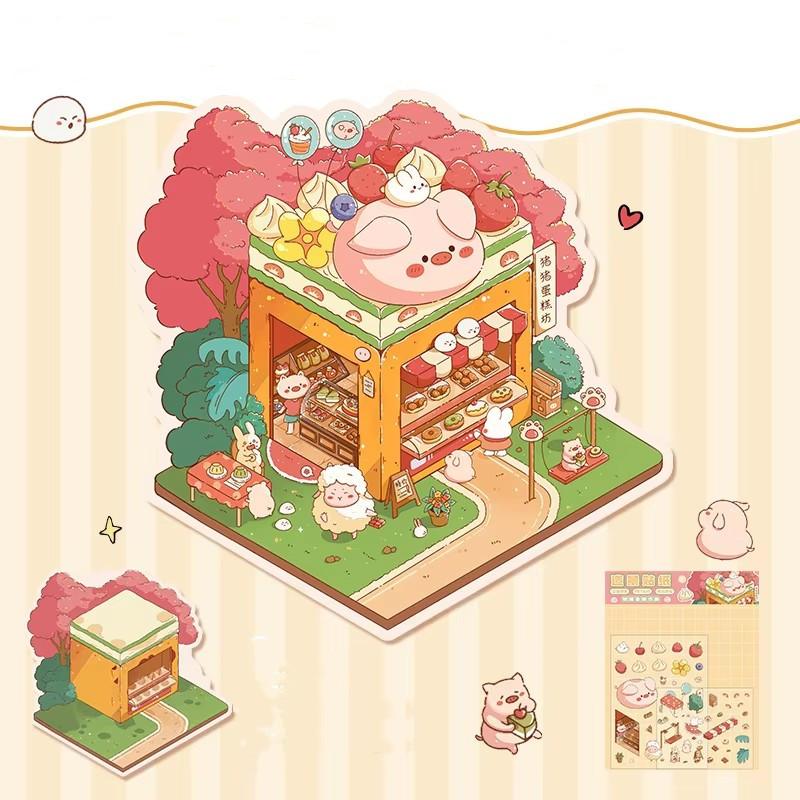 Cartoon Food Street Landscape Sticker Cabin Scene DIY Toy Game Sticker Festival Birthday Gift for Kids Girls and Children