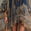 Smocked Neckline Dress Boho Floral Print High Neck Irregular Chiffon Mini for Women, Short Front Long Back Sleeve Flowy Party Cocktail Dress,