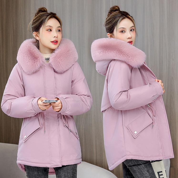 Winter New Style Style Overcomes Women's Mid Length Plush Thickened Cotton Coat Cotton Coat Middle Aged Women's Large Fur Collar Coat