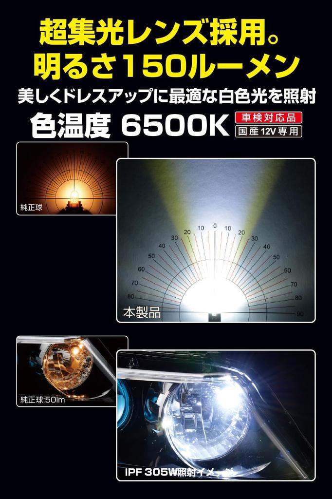 IPF LED Position Lamp for 6500K Vehicle Inspection Focused 305W Cars, T10, 150lm, White, 12V, 2-Pack, Compliant, Ultra-Focused Lens, Straight-Line