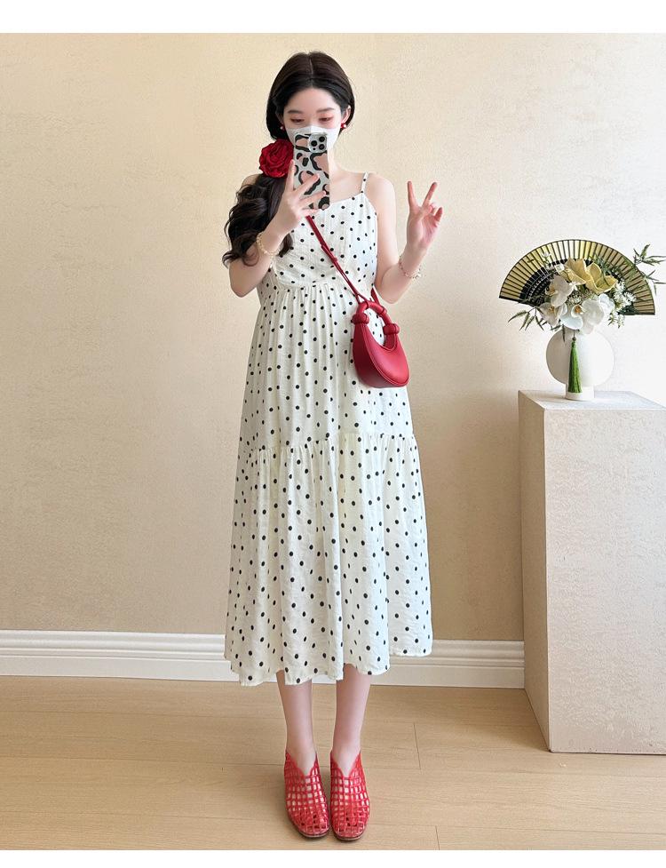 Korean Style Maternity Two-Piece Set: Lace Patchwork Denim Vest with Polka Dot Camisole Dress