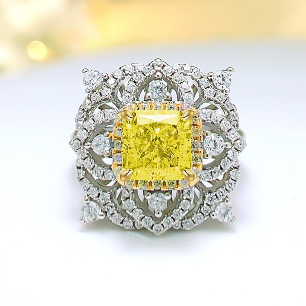 Fashion Vintage Women Jewelry Set Yellow Diamond Flower Ring Princess Cut Pendant Earrings Royal Blue Necklace