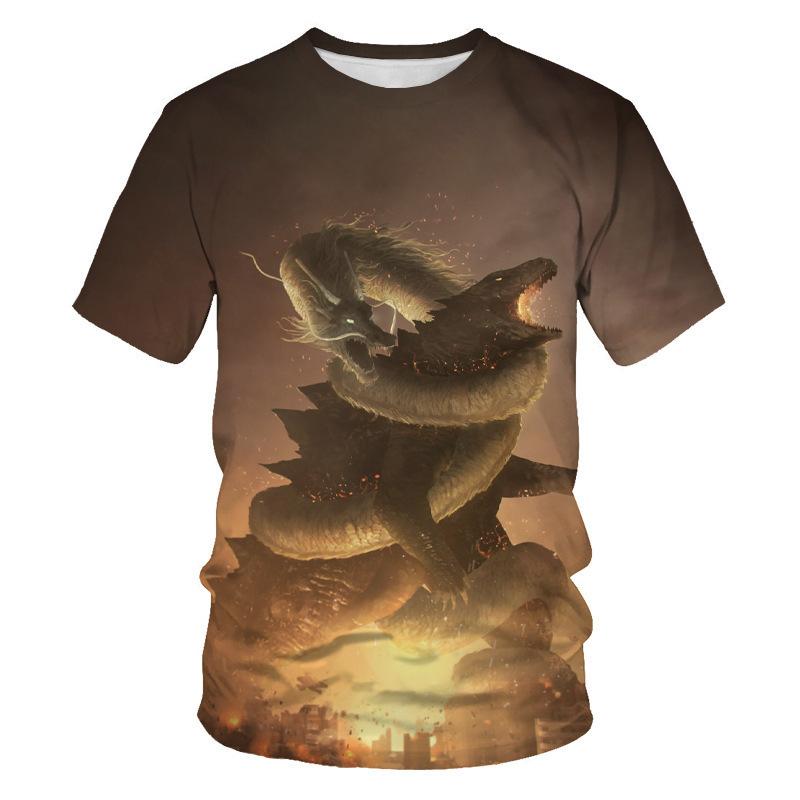 Summer Round Neck 3D Godzilla Pattern Printed Top Fashionable Casual Short Sleeved Children's Boy T-shirts