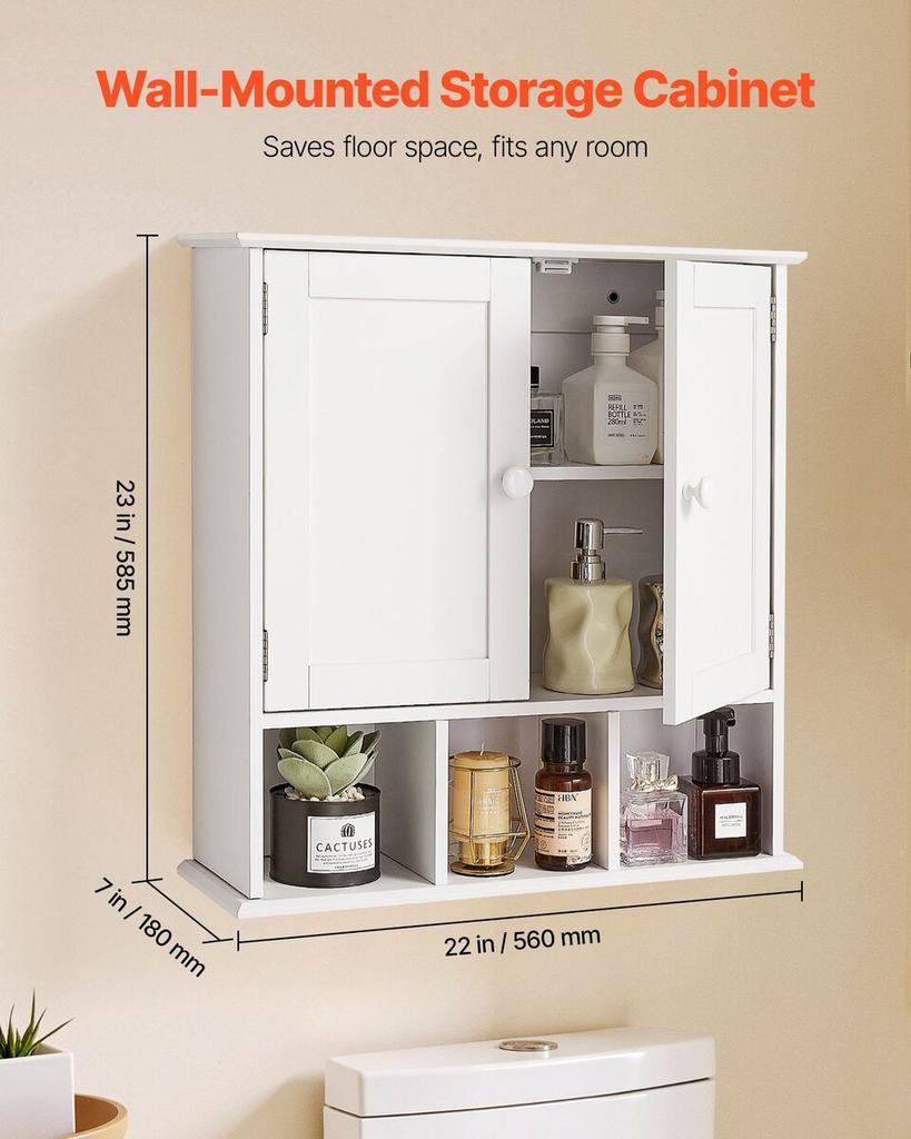 Bathroom Wall Cabinet, 2 Doors & Adjustable Shelf, Over the Toilet Storage Medicine Cabinet Wall Mounted, Hanging Organizer with Shelves & Open