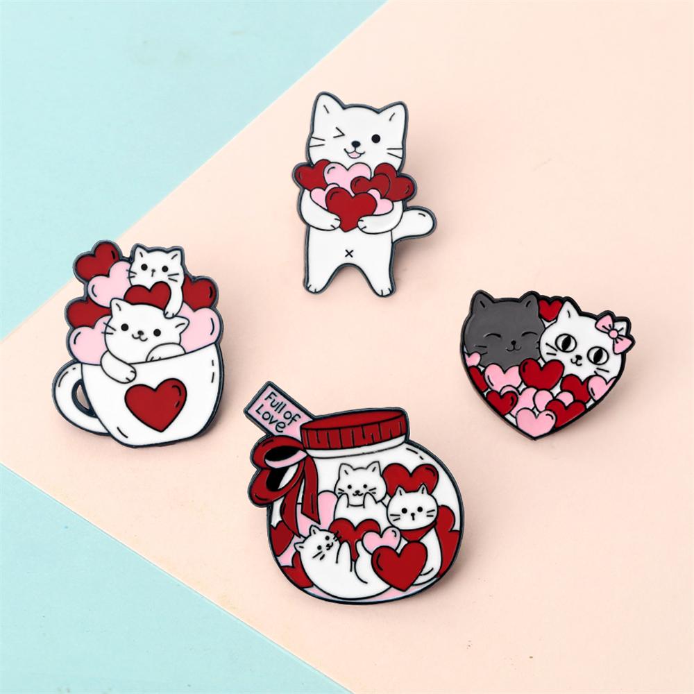 Cute Romantic Cats Love Collection Enamel Pins Cartoon White Kitten Heart Brooch Backpack Denim Lapel Badge Gifts for Girlfriend