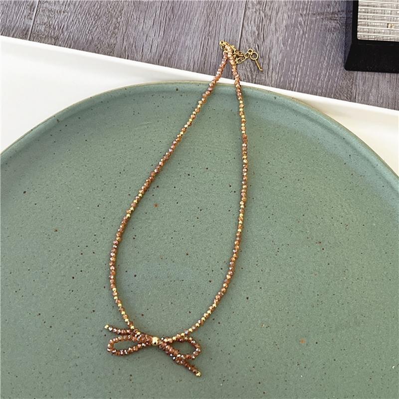 Delicate Beaded Choker Necklace with Bowknot Pendant Stylish Collar Necklaces Adjustable Chain  for Women and Girls