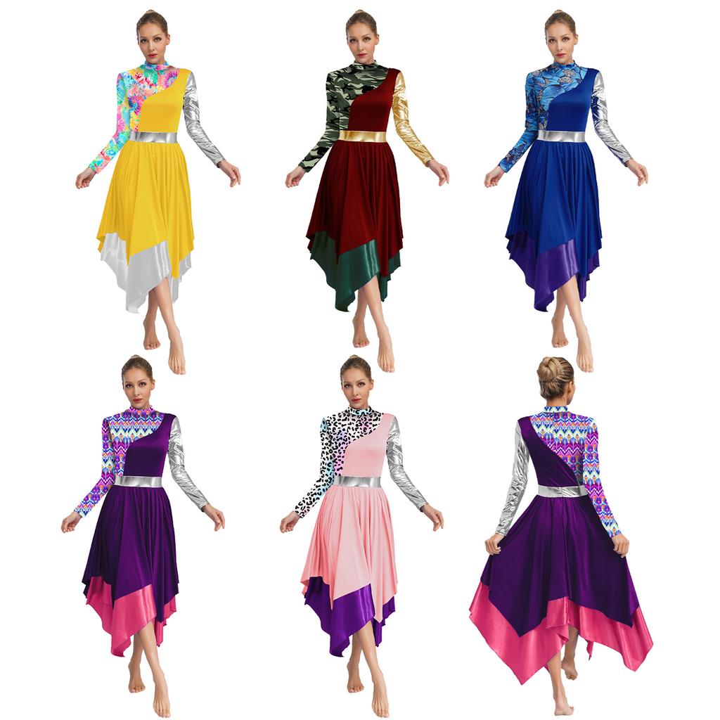 Liturgische Lof Dansjurk voor Vrouwen Kleurblok Onregelmatige Jurk Kerk Aanbidding Dans Kostuum