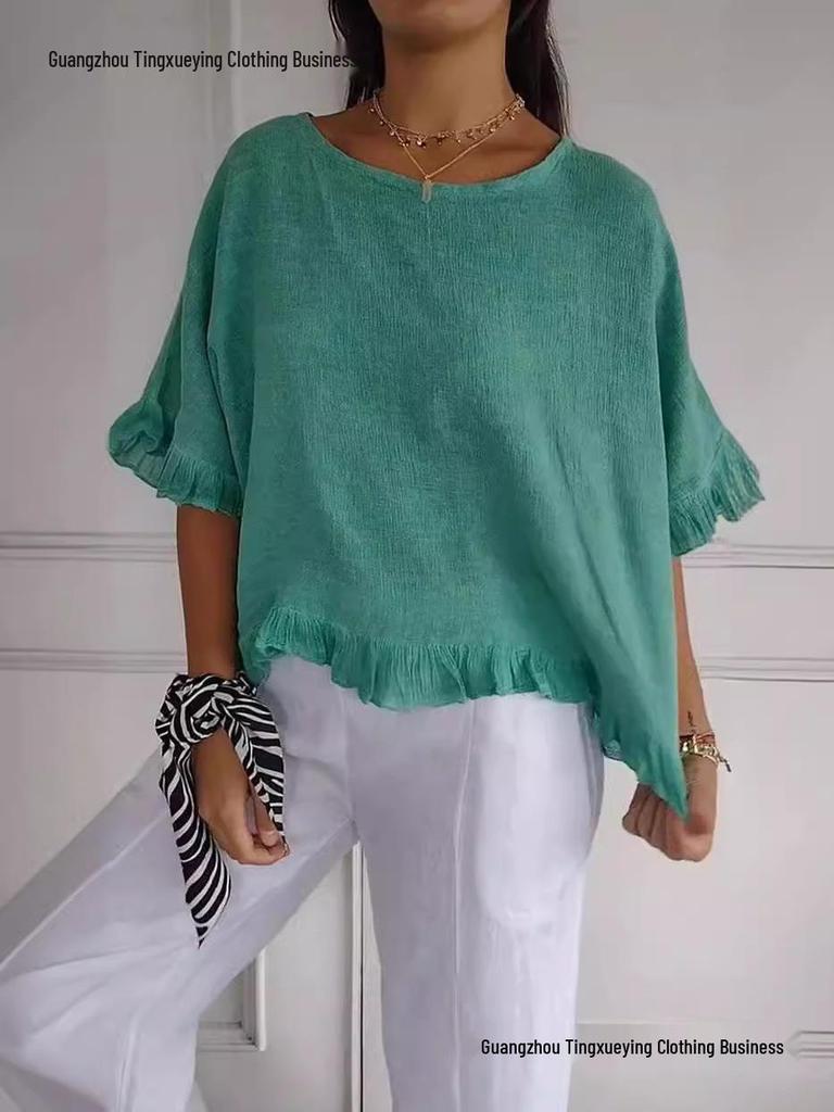 Women's European & American Casual Solid Color Ruffle Short Sleeve T-shirt