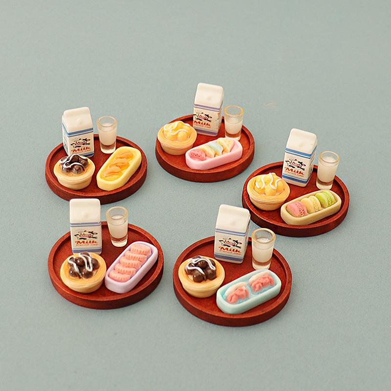 5Pcs 1:12 Dollhouse Miniature Simulation Milk Model Egg Tart Biscuit Ornament Set Diy Decor Toy Scene Meal Plate Accessories
