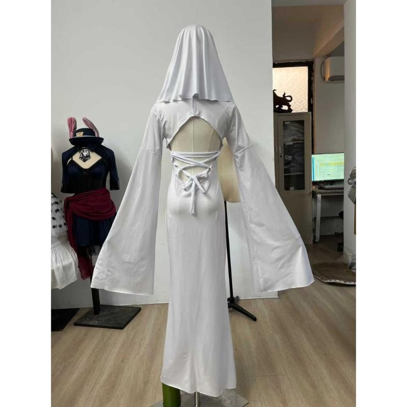 Specter Costume Women Adult Specter Costume White Backless Dress with Mask for Halloween Party Cosplay