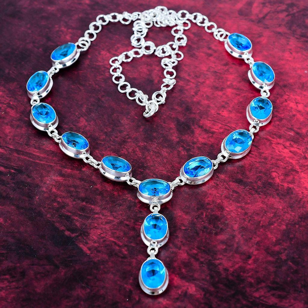 Blue Topaz Handmade Gemstone Necklace, 925 Solid Sterling Silver Necklace Antique Jewelry, For Engagement Gift