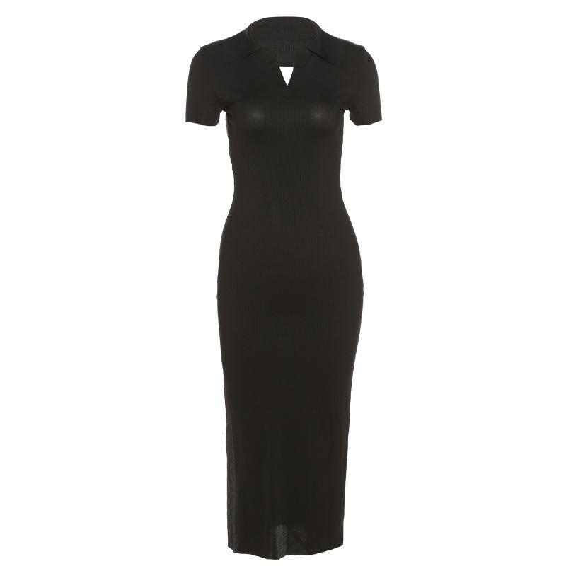 

Женское платье-поло с V-образным воротником, длинные платья, модное новое элегантное модное уличное повседневное платье L чёрный