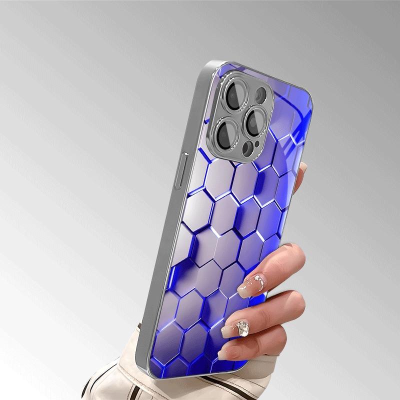 Abstract Blue Light Neon Honeycomb Pattern Electroplated Glass Case For iPhone 17 16 15 14 13 12 Pro Max Plus 16E 17 Air Cover