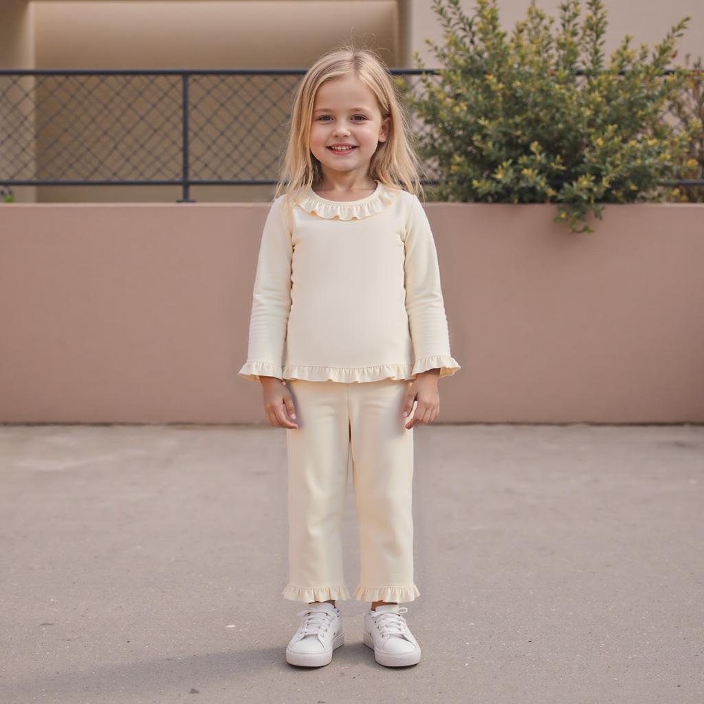 Toddler Girl Fall Outfits Solid Color Long Sleeve Ruffled Round Neck Tops Elastic Waist Long Pants 2 Pcs Set