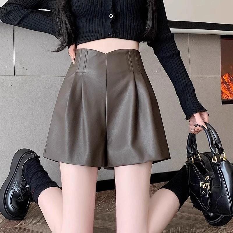 

Women s Fall Winter Coffee Mini PU Leather Shorts High Waisted A Line Wide Leg Petite Outer Wear Base Pants Mini Shorts Versatile Slim Fit Hot Pants 4XL