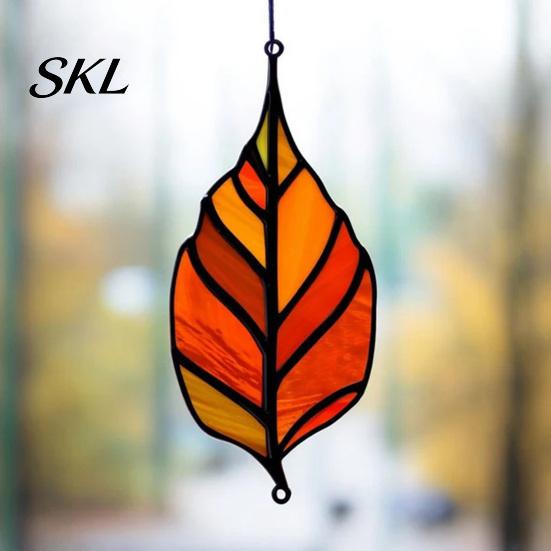 Stained Glass Leaf Art Acrylic Hanging Pendant, Waterproof Sunproof Window Hanging, Decorative Pendant Ornament with Colorful Light Effects for Garden