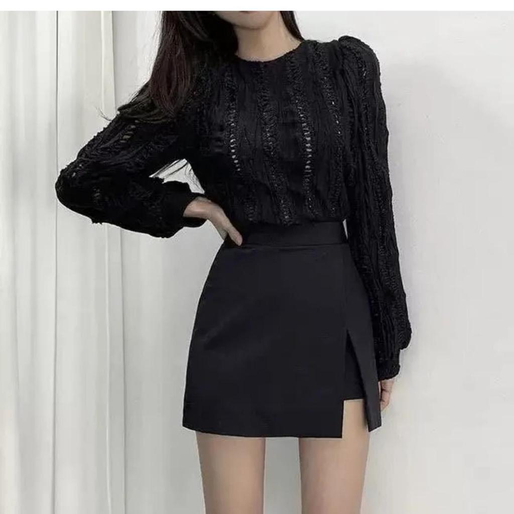 Women's Black High-Waist A-Line Summer Skirt with Slit - Slim Korean Style