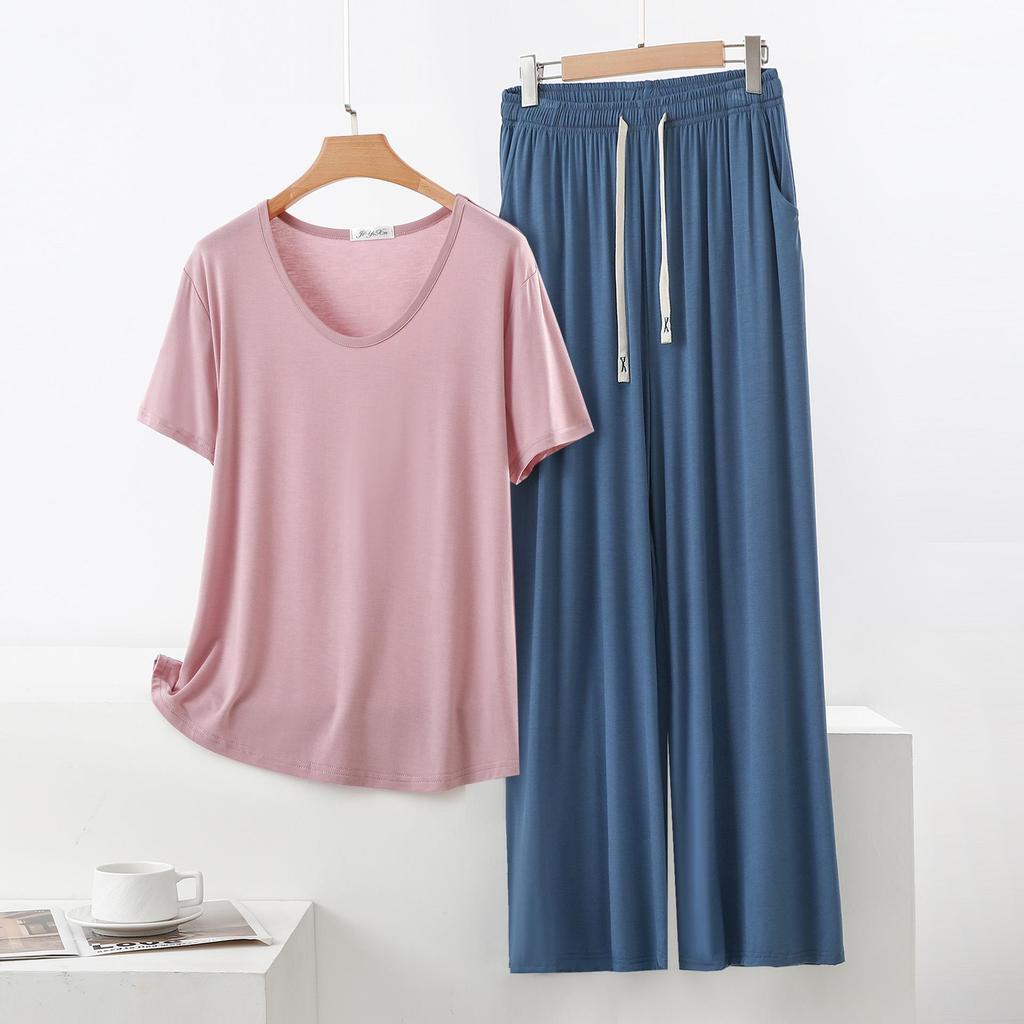 Set Pigiama Estivo da Donna in Modal - Manica Corta, Pantaloni Lunghi a Gamba Larga, Taglie Forti, Abbigliamento Casual e da Esterno