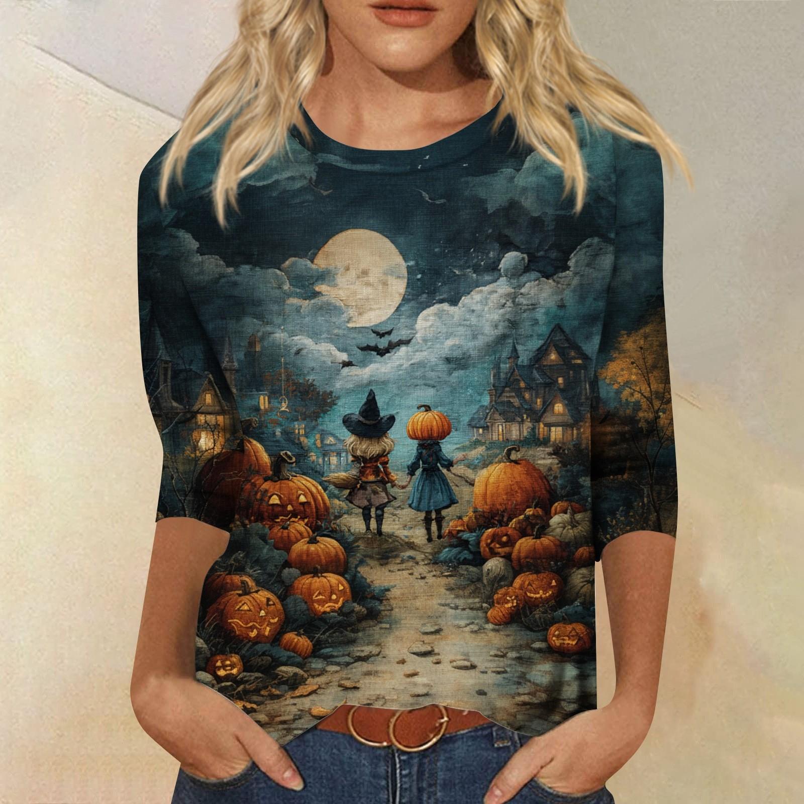 

Женские топы Рубашка с рукавом три четверти V-образный вырез Свободная повседневная рубашка Футболка с принтом S тёмно-синий