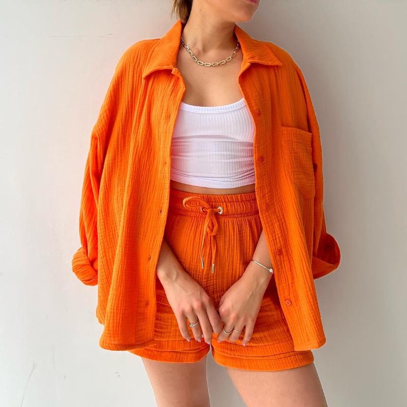 Women's Two-piece Set of Pleated Fabric Lapel Long-sleeved Shirt, High-waisted Drawstring Shorts, Large-sized Fashionable Casual Suit