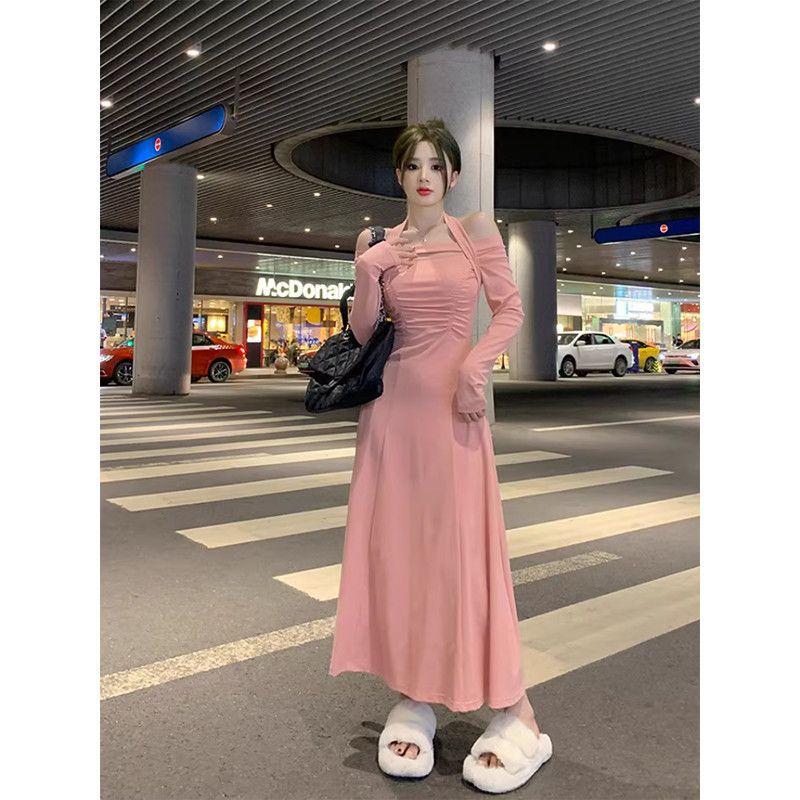 Sexy Spice Girl Neck Shoulder Long Sleeve Dress Women's Spring New Slim Fit Stack Wear Inside Hip Wrap Long Skirt