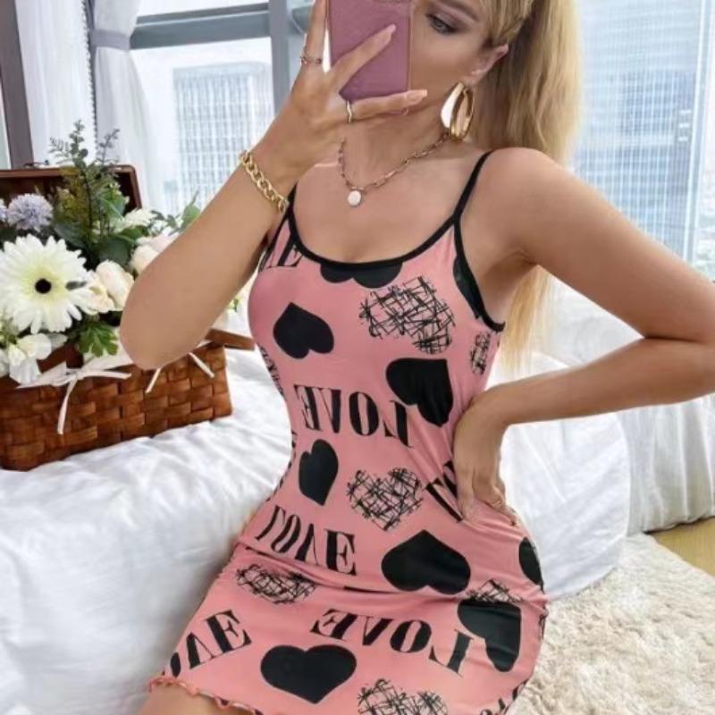 Summer New Women's Nightgown Beauty Back Thin Section Of Home Wear Sexy Halter Short Skirt Love Cartoon Cute Printing Pajamas