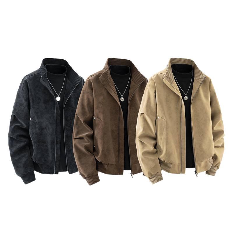 Herren Lederjacke mit Stehkragen - Amerikanischer Stil, Lässiger lockerer Schnitt, Arbeitskleidung für Frühling & Herbst.