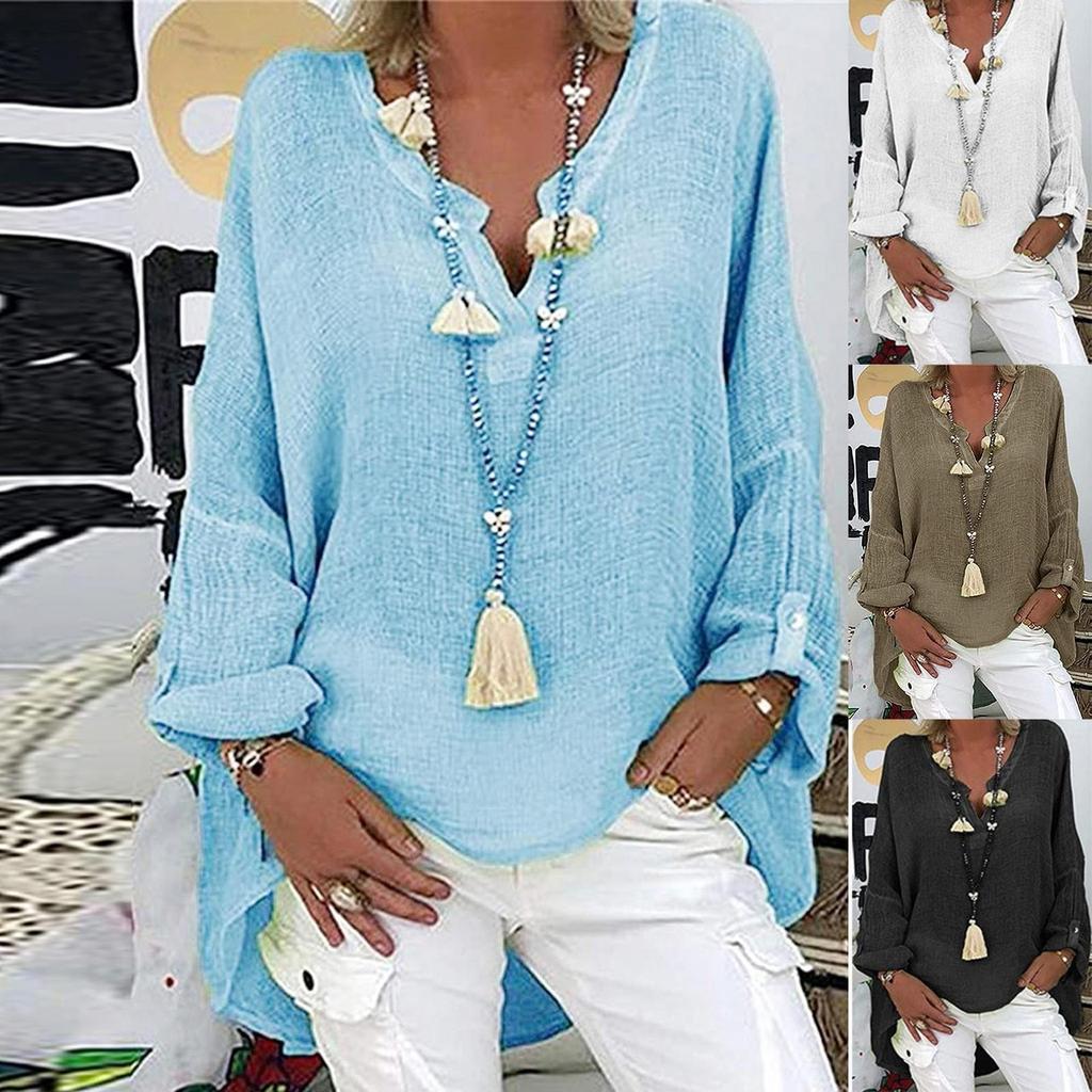 6-Color Loose Shirt Women's Casual Solid Color Top Spring Autumn V-Neck Long Sleeved Blouse