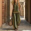 Women's Loose Two-Piece Halter V Neck Sleeveless Top High Waist Color Block Wide Leg Pants