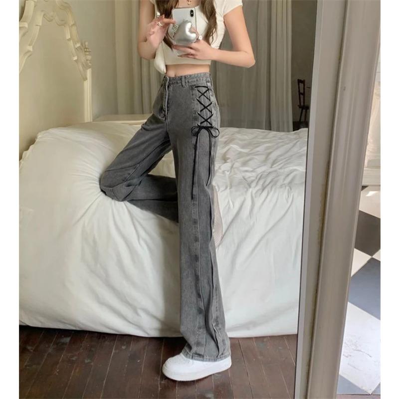Y2K Street Women Jeans Pants American High Waist Lace Up Chic Female Casual Pants Korean Vintage Ladies Wide Leg Trousers