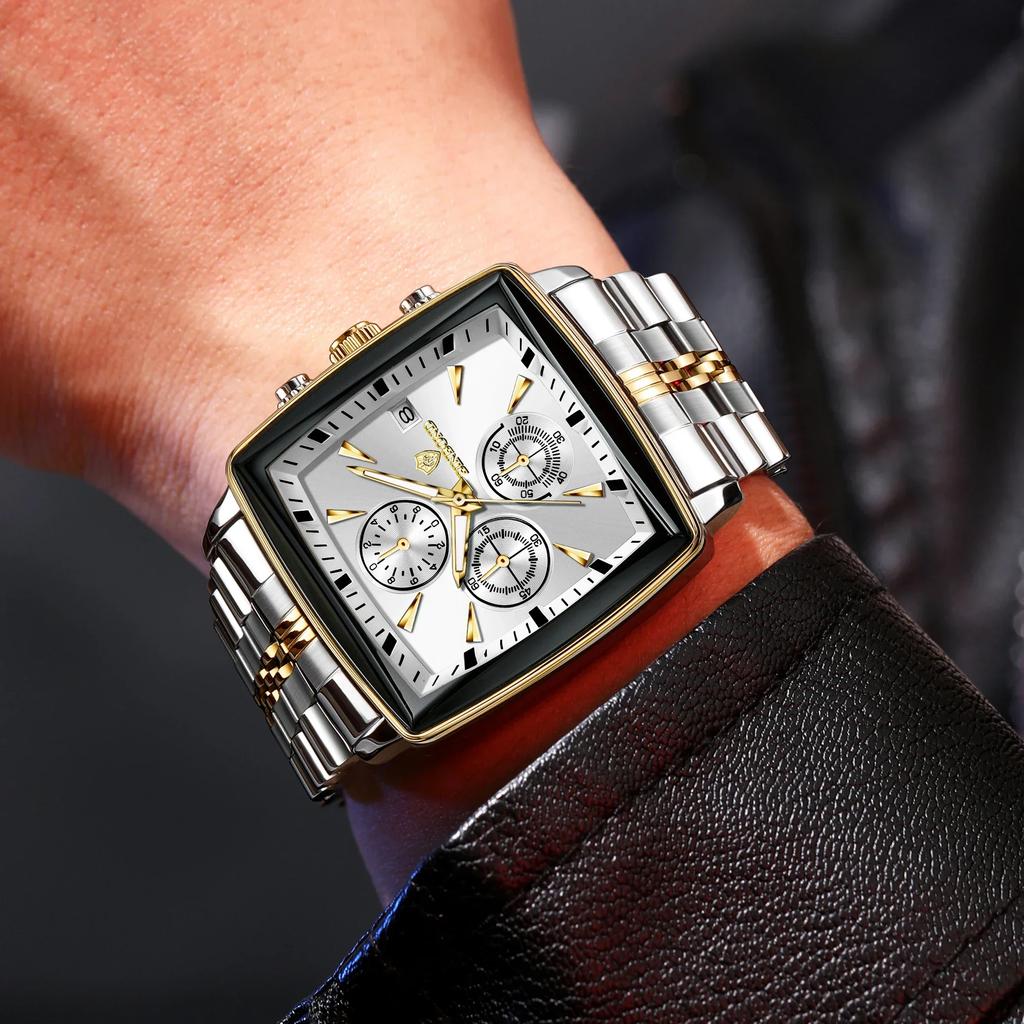 BINBOND Luxury Square Man Business Wristwatch Waterproof Luminous Chronograph Quartz Men Watches Stainless Steel Men Watch Reloj