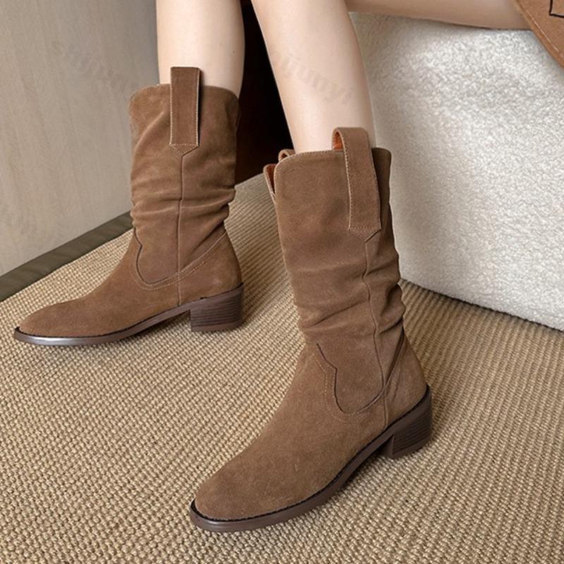 Fashion Super High Quality Women's Boots Autumn 2025 Fashion Pointed Chelsea Boot Pleated Suede Leather Women Knee Boots Banquet Party