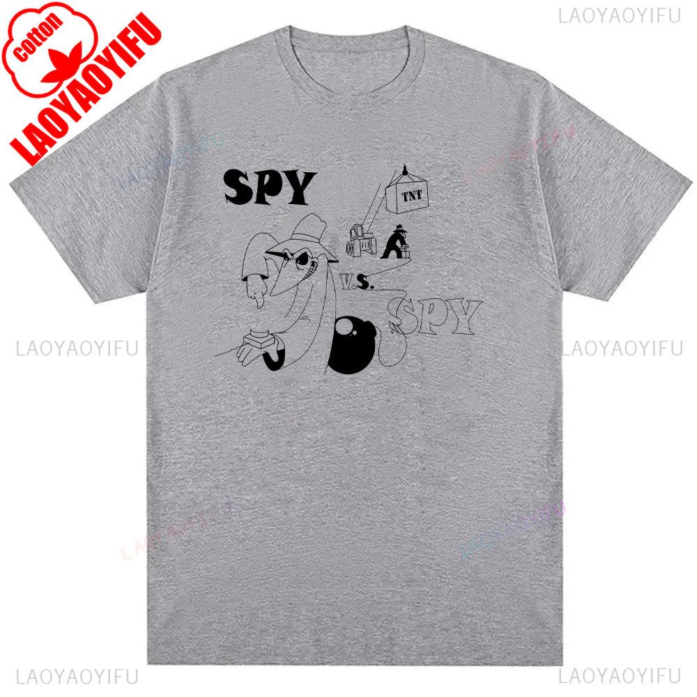 Mens Spy Vs Spy Graphic T Shirt Summer Cotton Crew Neck Retro 80s Cartoon Print Funny Humorous Vintage Style Fashion Tee Shirts