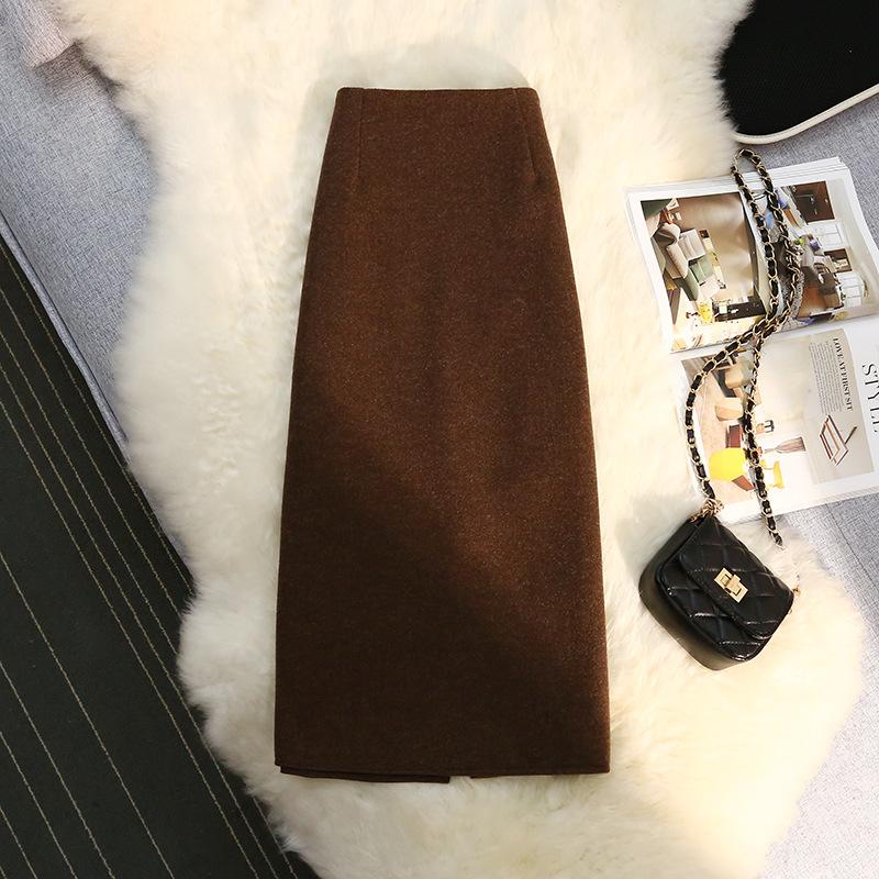 Fustă de lână de lungime medie pentru femei, stil nou de iarnă, talie înaltă, crăpătură dreaptă, un singur pas, fustă de șold care acoperă șoldul