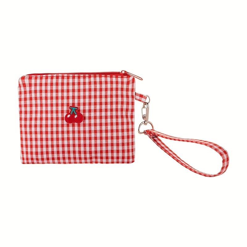 Cherry Coin Purse Portable Makeup Bag for Outings Sanitary Napkin Storage Pouch Cherry Canvas Makeup Bag Convenient Red Checkered Lipstick Organizer