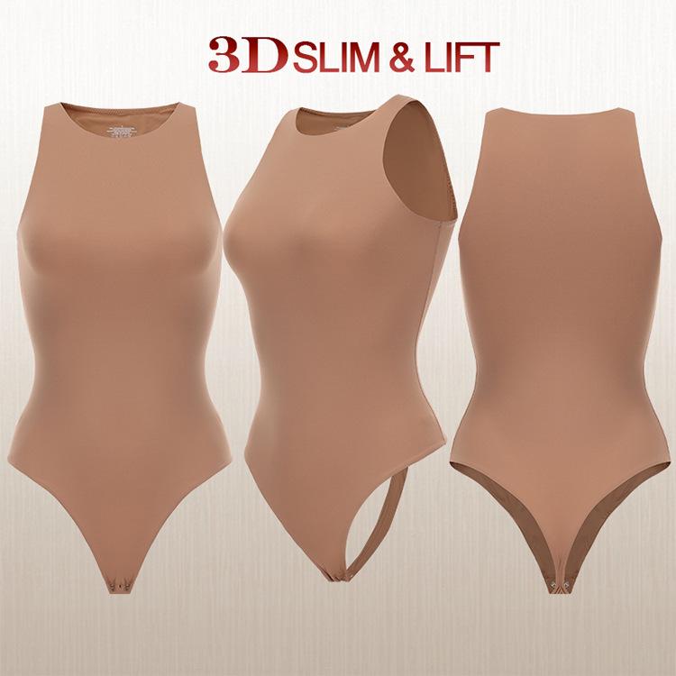 Kardashian Style Double-Layer High-Elastic Tummy-Control Bodysuit with Round Neck