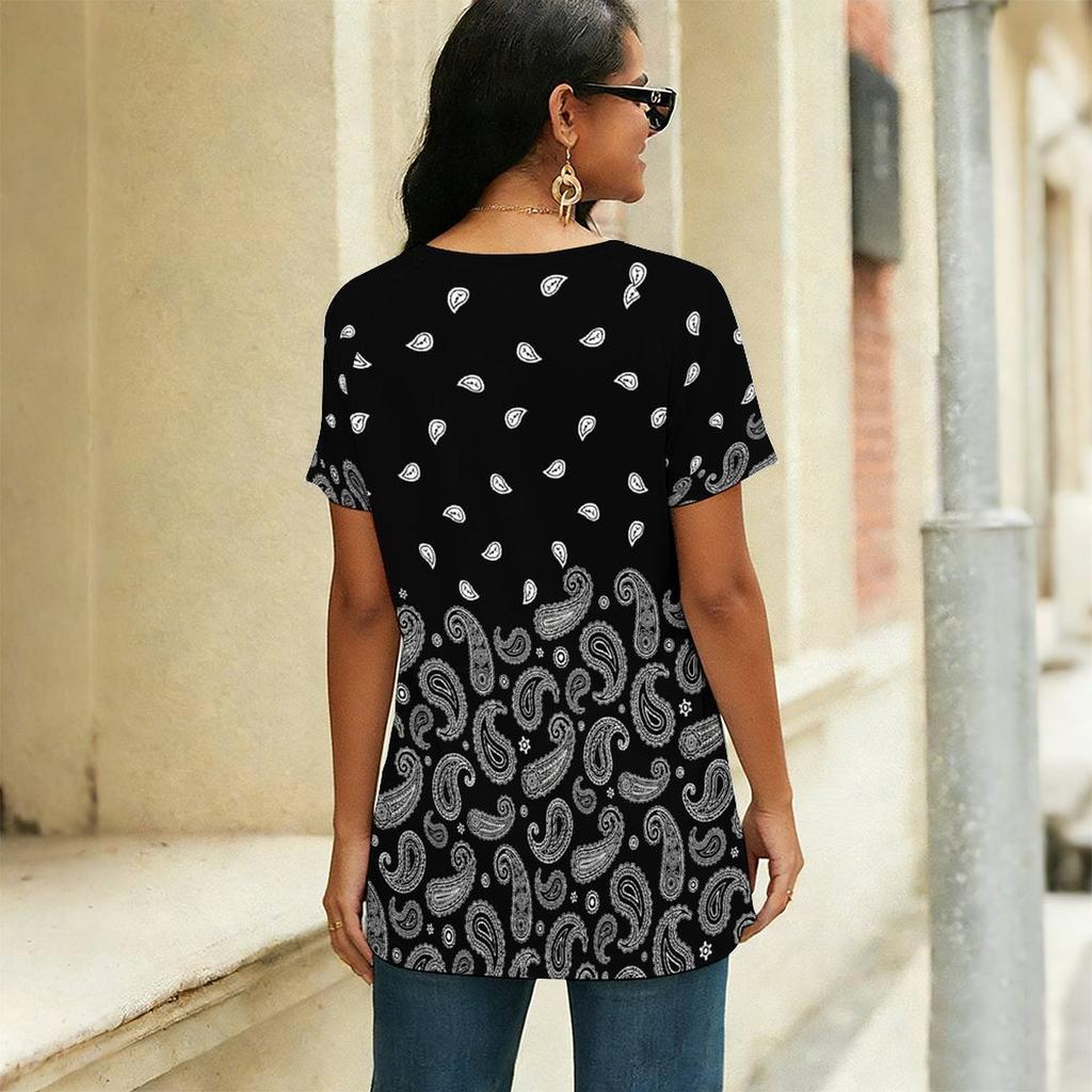 Women Square Neck Short Sleeve Blouse Watercolor Butterfly Floral Irregular Hem