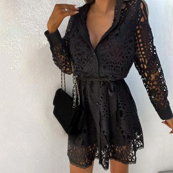 Shirt Dress Hollow Out Lace Spring Summer Slim-fitting Belted Dress for Daily Wear