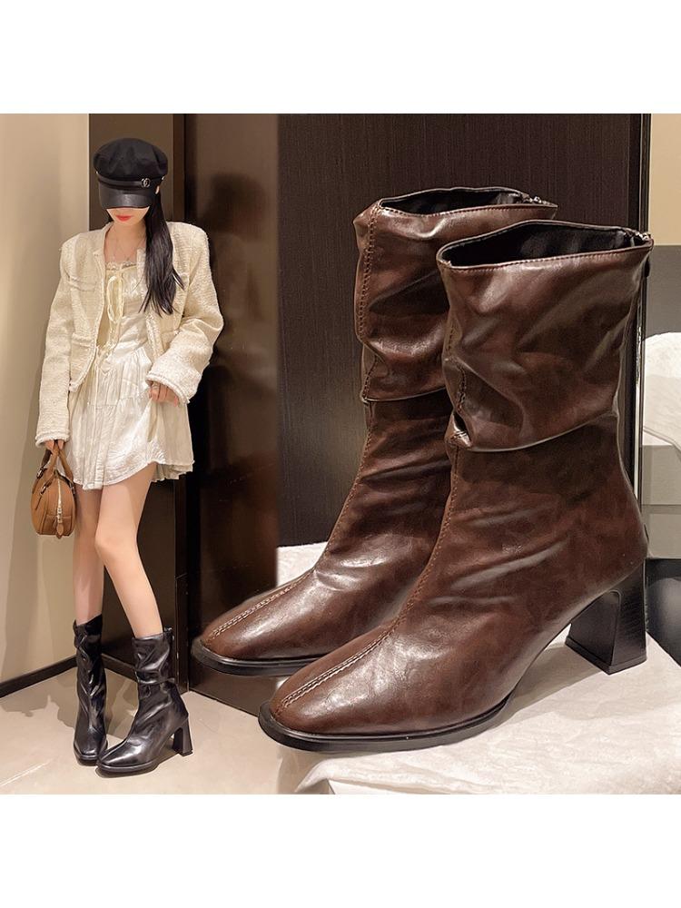 Fashion Internet Celebrity Black Booties Women's High Heels 2025 Autumn and Winter New Single Boots French