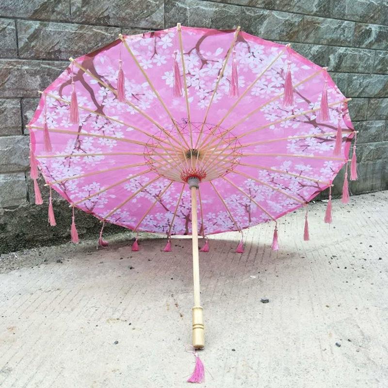 1PC with Tassel Classical Women's Umbrella for Hanfu Accessories Satin Cloth Photograph Props Fairy Ancient Parasol