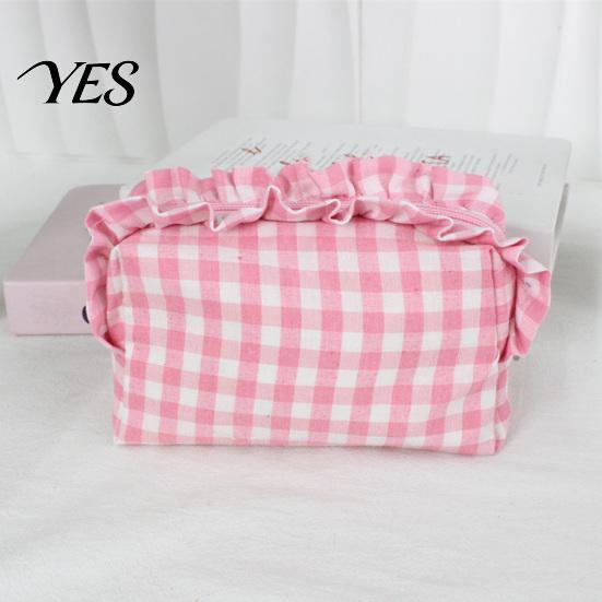 Makeup Organizer Bag Small Ruffled Grids Pouch, Portable Travel Cosmetic Bag, Fashionable Storage Case Lightweight Zippered Pouch for Toiletries
