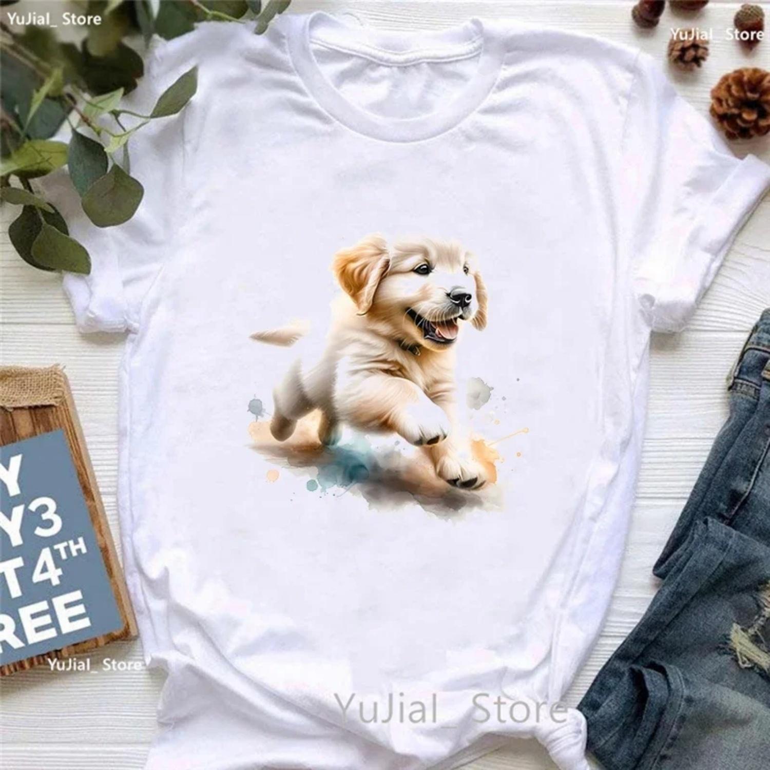 Cute Golden Retriever Puppy Dog Printed T Shirt Girls Summer Fashion Tops Tee Shirt Femme Harajuku Kawaii Clothes T-Shirt S