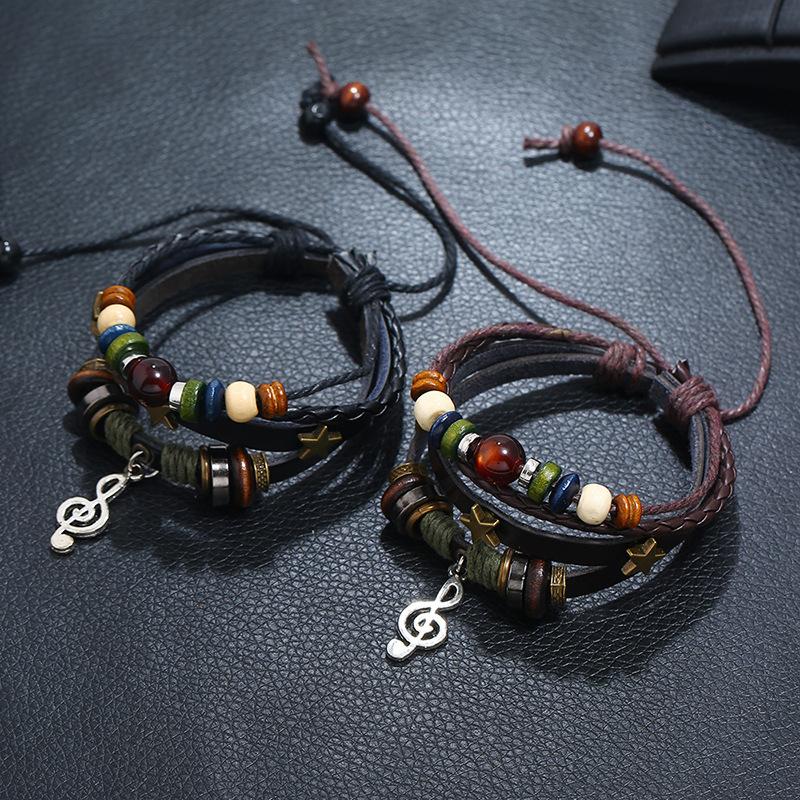 New Fashion Alloy Leather Braided Bracelet Male and Female Temperament Everything Beaded Leather Music Symbol Pendant Hand