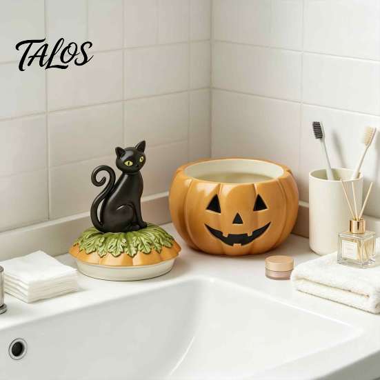 Small Item Organizer for Desk Haunted Halloween Candy Jar with Lid, Resin Pumpkin Storage Container Jewelry And Treats, Decorative Black Cat